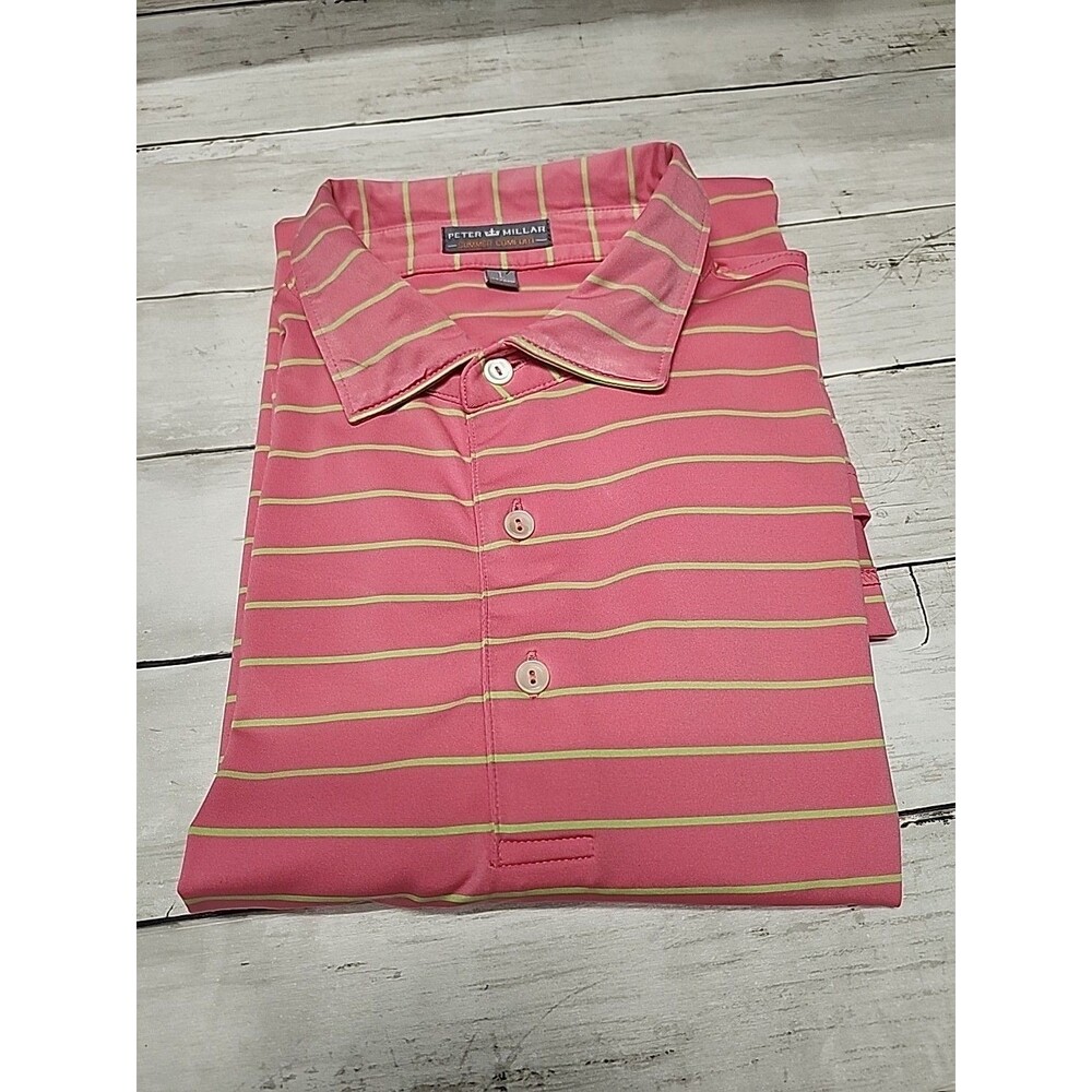 Peter Millar Shirt Men's Large Summer Comfort Pink Lime Striped Polo Golf NoLogo